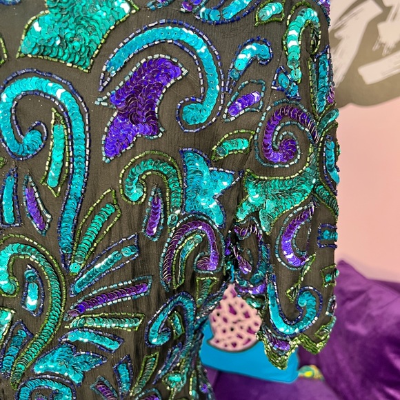 Vintage Sequin Top 100% silk Lawrence Kazar teal turquoise purple size Small - Picture 8 of 9